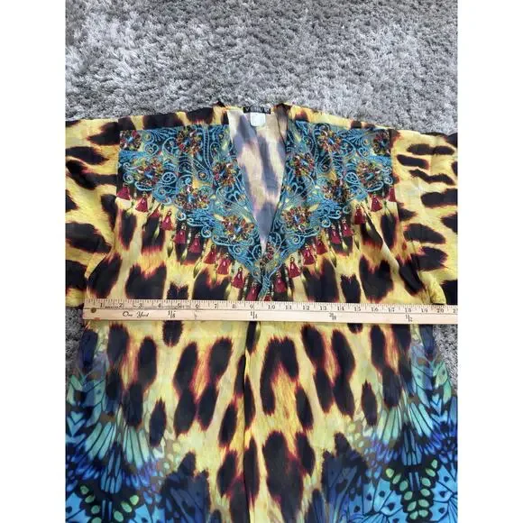 Boho Maxi Kimono Kaftan Women Leopard Butterfly Print Sheer Beaded Cover Up L/XL - Picture 11 of 16